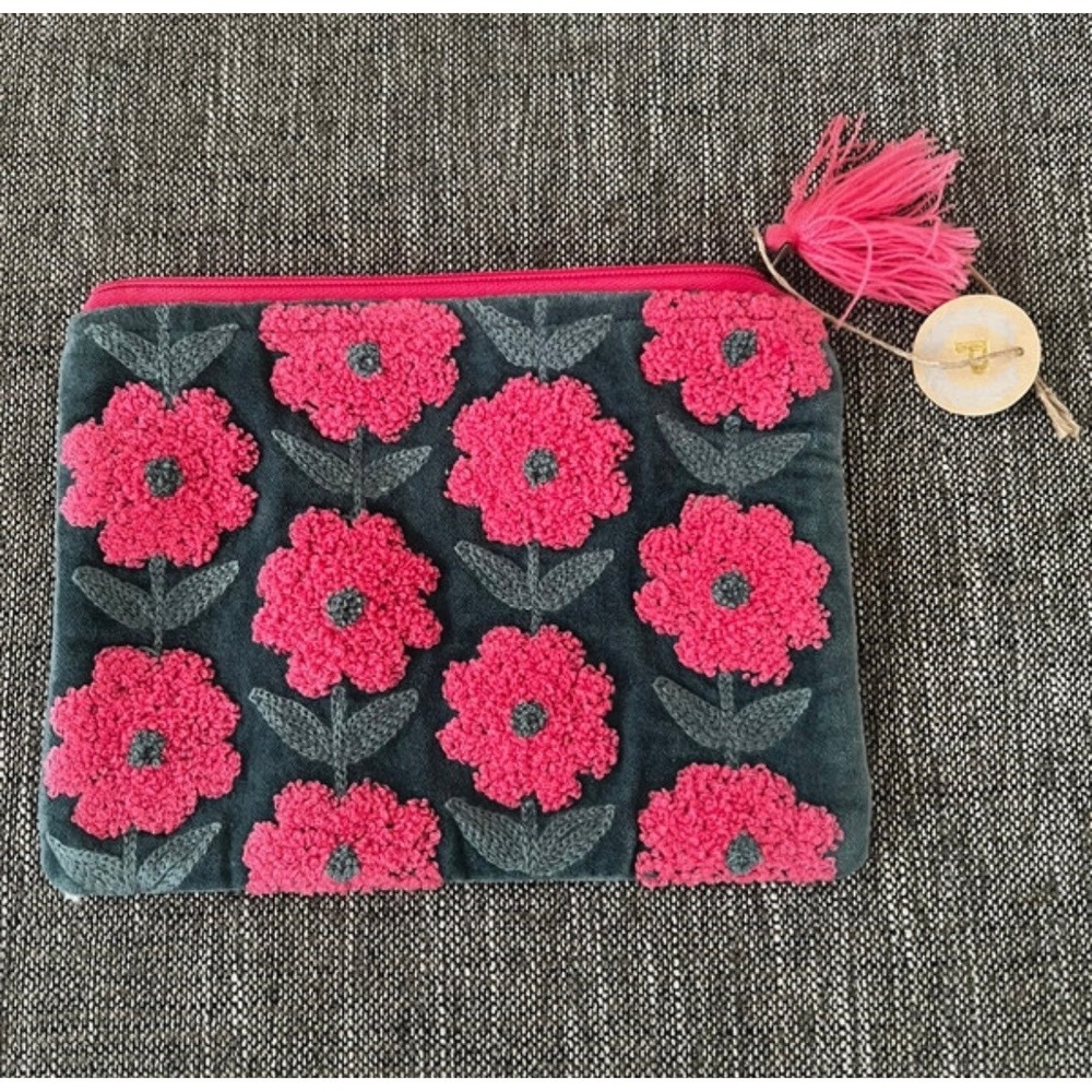 Velvet Floral Embroidered Tassel Makeup Bag Pouch Teal Pink Boho Clutch
